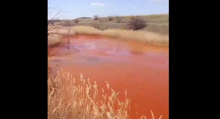 Фото: оранжевый пруд между Красным Сулином и Гуково, кадр ТГ Южный Акцент