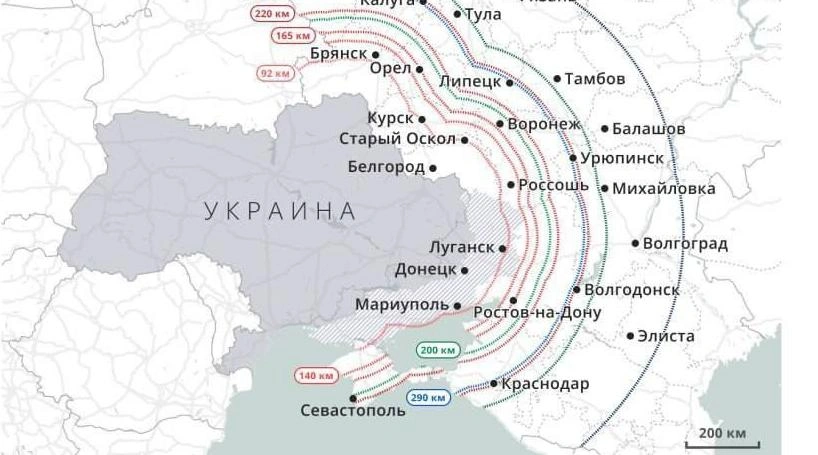 Фото: зона поражения дальнобойных боеприпасов ВСУ, инфографика RTVI