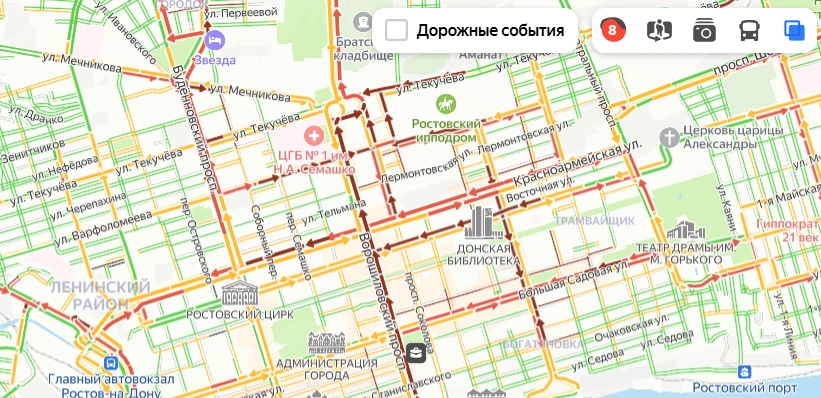 Фото: заторы в Ростове вечером 20 мая, Яндекс.Карты