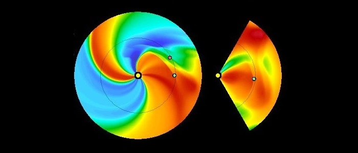 Фото: потоки быстрого солнечного ветра, зелёная точка - Земля // изображение лаборатории солнечной астрономии