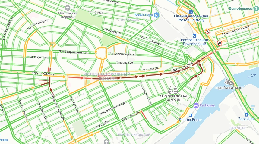 Фото: пробка в Ростове // скриншот сервиса "Яндекс. Карты"