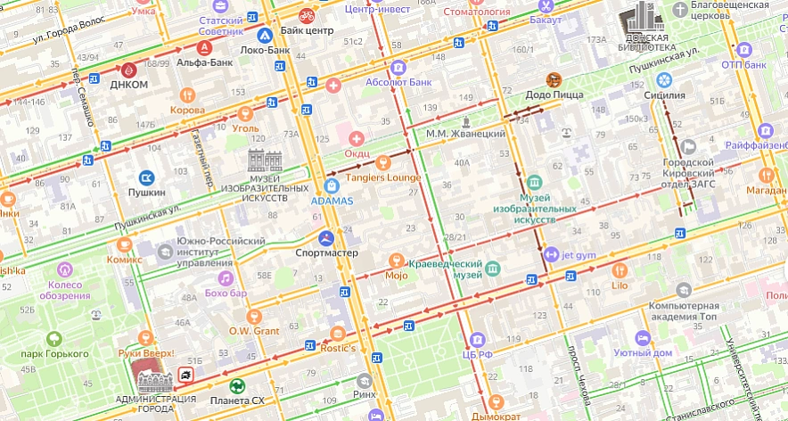 Фото: пробки в центре Ростова // скриншот с сервиса "Яндекс. Карты"
