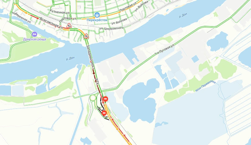 Фото: Затор на въезде в Ростов со стороны Западного моста, Яндекс.Карты