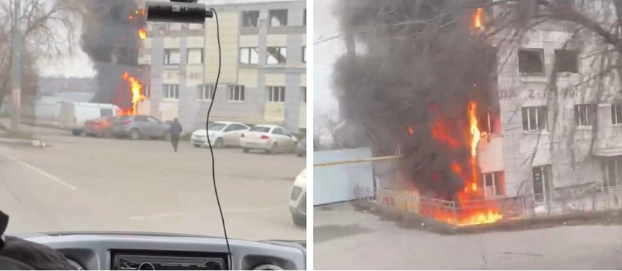 Фото: В Ростове вспыхнул фасад заброшенного здания на Василова // коллаж 1rnd