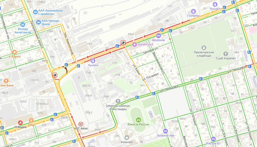 Фото: Затор из-за двух ДТП на проспекте Шолохова, Яндекс.Карты