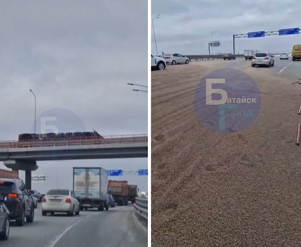 Фото: Под Ростовом дорогу засыпало наполнителем для кошачьих лотков, кадры из видео ТГ-канала "Батайск Город"