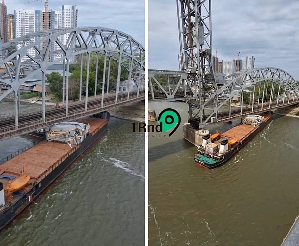 Фото: В Ростове теплоход врезался в опору ж/д моста, коллаж 1rnd