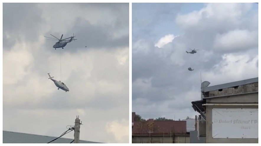 Фото: Вертолет буксирует второй вертолёт в Ростове, коллаж 1rnd