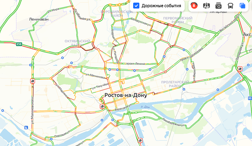 Фото: Восьмибалльные пробки в Ростове 14 ноября, Яндекс.Карты